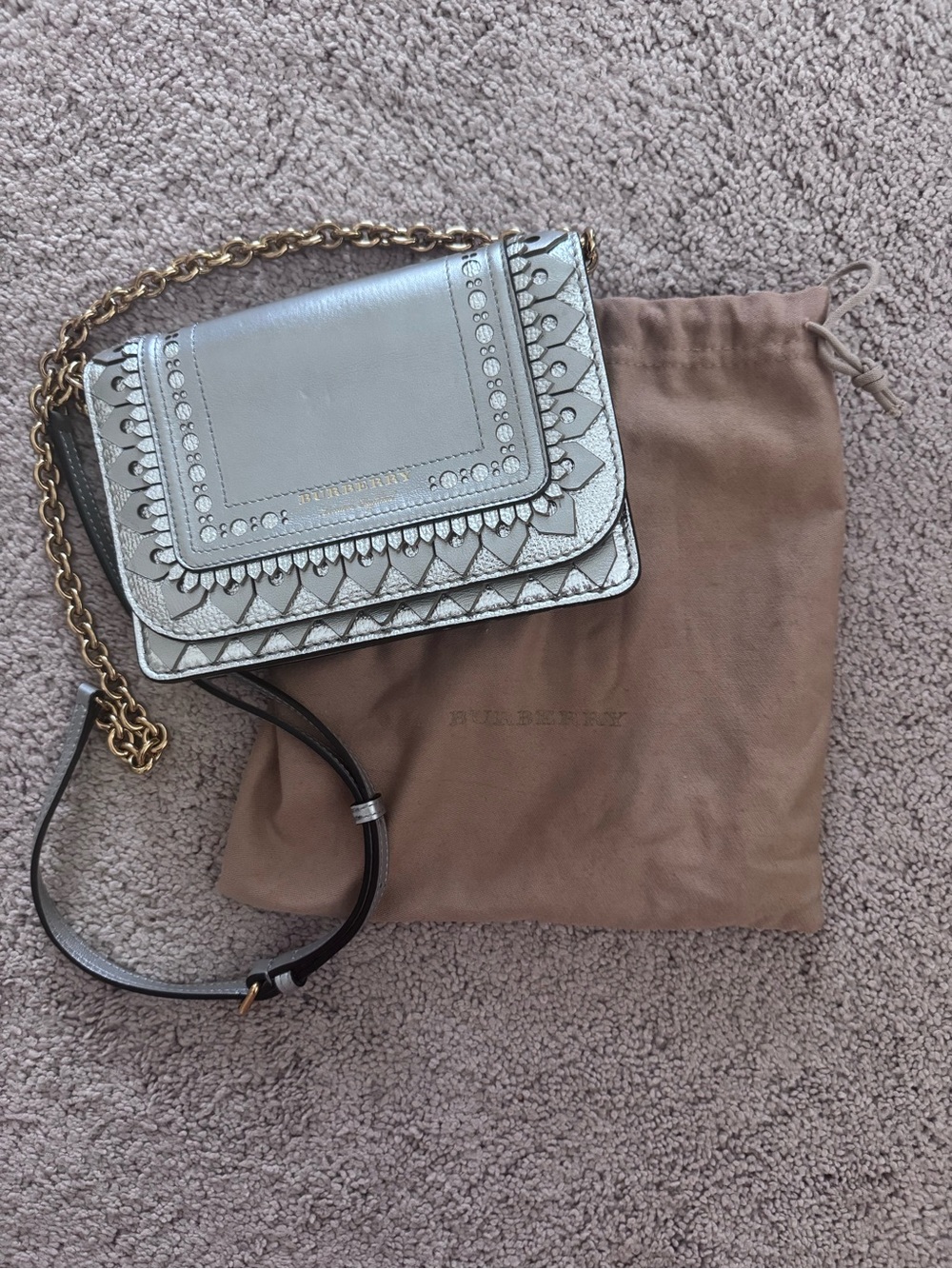 Burberry Silver Metallic Crossbody Bag with gold Chain Strap